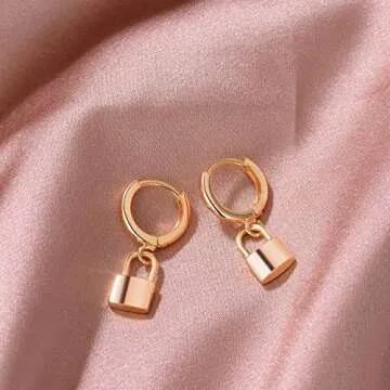 Stylish Mevecco Gold Lock Hoop Earrings for Women 14K Gold Plated