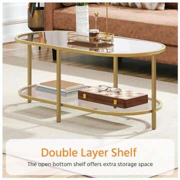 Yaheetech 42" Oval Glass Coffee Table for Living Room, 2-Tier Center Table with Storage Shelf for Small Space, Office