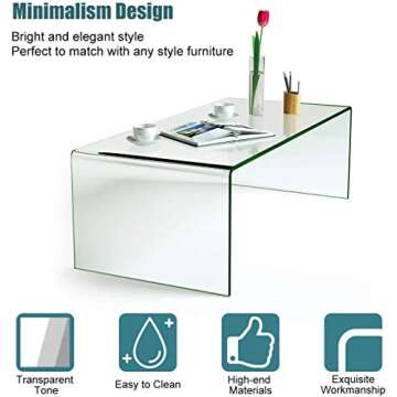 Tangkula Glass Coffee Table, 40.5" L × 20" W ×14" H, Modern Home Clear Tempered Glass Tea Table, International Occasion Waterfall Table with Rounded Edges