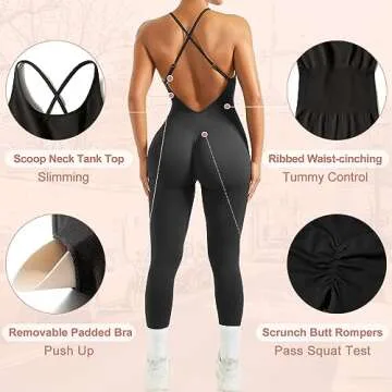 OMKAGI Women Strappy Backless One Piece Jumpsuits Seamless Tummy Control Workout Romper(S,WC03-Black)