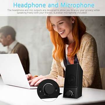 YYV Computer Speakers, Dual 5W USB Desktop Speaker with Volume Control, Headphone and Mic Output, External Speakers for Laptops/Desktops/ (Lavalier Microphone Included)