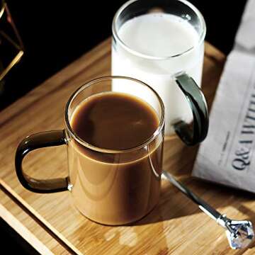 LUXU Glass Coffee Mugs Set of 4,Borosilicate Glass Coffee Cups 9 Fl.oz,Lead-Free Drinking Glasses,Premium Tea Cups with Dark Green Handle,Latte & Mocha Mugs,Espresso Coffee Gifts for Home and Cafe