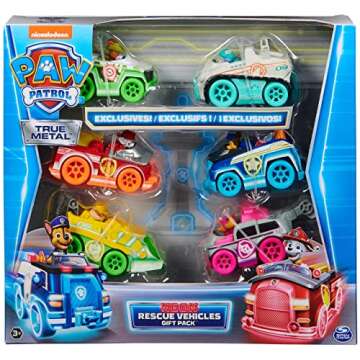 Paw Patrol, True Metal Neon Rescue Vehicle Gift Pack of 6 Collectible Die-Cast Toy Cars, 1:55 Scale, Kids Toys for Boys and Girls Ages 3 and up