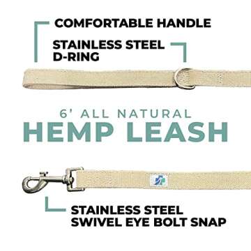 VetGen Pharmaceuticals 6' All Natural Hemp Fabric Leash for Dogs - Sustainable, Biodegradable, and Earth-Friendly - Stainless Steel Swivel Eye Bolt Snap and D-Ring - for Training or Everyday Use