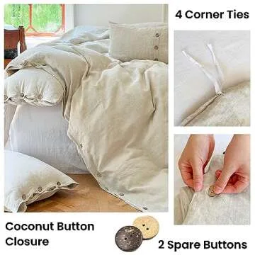 Simple&Opulence 100% Linen Duvet Cover Set 3pcs with Coconut Button Closure Natural French Washed Flax Solid Color Soft Breathable Farmhouse Bedding - Linen, Full Size