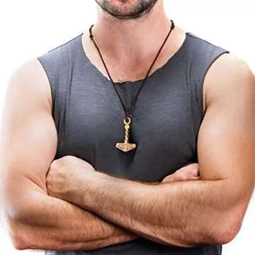 Norse Tradesman Thor's Hammer Necklace - Solid Brass Mjolnir Pendant with Adjustable Genuine Leather...