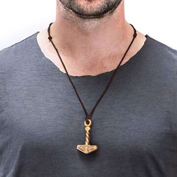 Norse Tradesman Thor's Hammer Necklace - Solid Brass Mjolnir Pendant with Adjustable Genuine Leather Cord