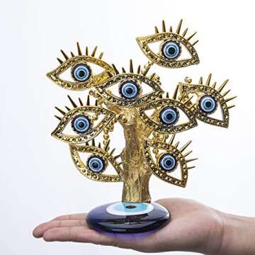 YU FENG Golden Turkish Evil Eyes Tree with Blue Evil Eye Base for Home Decor Luck Gift