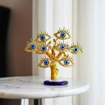 YU FENG Golden Turkish Evil Eyes Tree with Blue Evil Eye Base for Home Decor Luck Gift