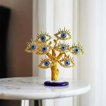 YU FENG Golden Turkish Evil Eyes Tree with Blue Evil Eye Base for Home Decor Luck Gift