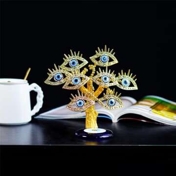 YU FENG Golden Turkish Evil Eyes Tree with Blue Evil Eye Base for Home Decor Luck Gift
