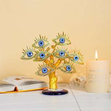YU FENG Golden Turkish Evil Eyes Tree with Blue Evil Eye Base for Home Decor Luck Gift