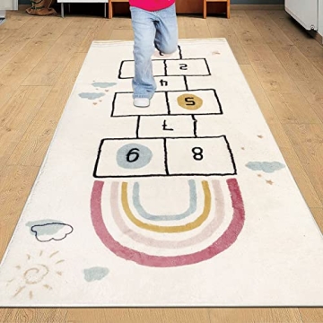 HiiARug Hopscotch Kids Rug 63"x27" Fun and Educational Playroom Rug Soft Durable Woven Rainbow Floor...