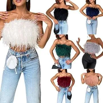 Women Rave Festival Feather Crop Tops Faux Fur Strapless Fluffy Tube Top Camisole for Concert Club Party (Black , XL )