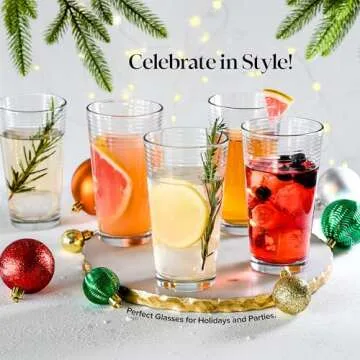 Glaver's Drinking Glasses Set of 10 Highball Glass Cups, Premium Quality 17 Oz. Coolers, Ribbed Glassware. Ideal for Water, Juice, Cocktails, and Iced Tea. Dishwasher Safe.