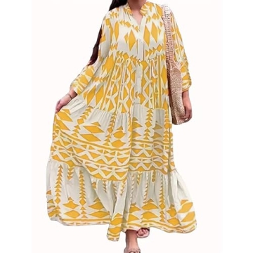 Boho Floral Yellow Maxi Summer Dress Women Loose Smocked Casual Party Dress