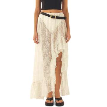 Cicy Bell Womens Lace Maxi Skirt Summer High Low Asymmetrical Sheer Y2K Sexy Beach Cover-up Long Ski...