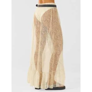 Cicy Bell Womens Lace Maxi Skirt Summer High Low Asymmetrical Sheer Y2K Sexy Beach Cover-up Long Skirts Beige