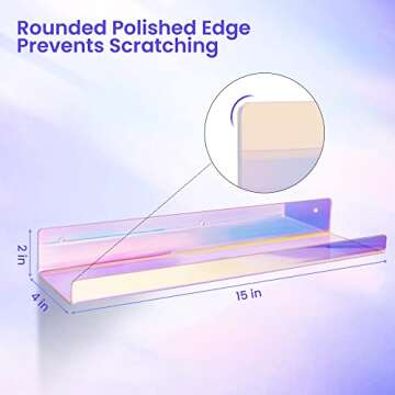 upsimples 4 Pack Acrylic Shelves for Wall Storage, 15" Floating Bookshelves for Kids, Nail Polish Holder, Perfume Display Shelf Organizer for Bathroom, Bedroom, Living Room, Iridescent