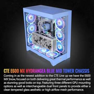 CTE E600 MX Hydrangea Blue E-ATX Mid Tower with Centralized Thermal Efficiency Design; Interchangeable Dual Front Panel; 3Way VGA Mounting Bracket; 400mm PCIe4 Riser Cable Included; CA-1Y3-00MFWN-00