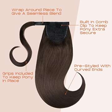 SEIKEA 20" Ponytail Extensions Clip in Wrap Around for Women 90's Styles Retro Flipped Pony Tail Straight Synthetic Hairpiece Clip on Hair Extension Color Black