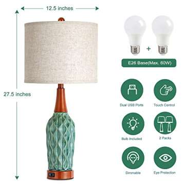 Vintage Table Lamps for Living Room Set of 2, Retro Bedside Lamp for Bedroom with USB Port, MCM Teal Ceramic 3-Way Dimmable Nightstand Lamp with Oatmeal Linen Shade (Bulb Included)