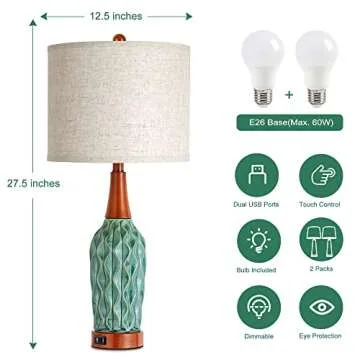 Vintage Table Lamps for Living Room Set of 2, Retro Bedside Lamp for Bedroom with USB Port, MCM Teal Ceramic 3-Way Dimmable Nightstand Lamp with Oatmeal Linen Shade (Bulb Included)
