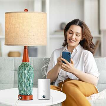 Vintage Table Lamps for Living Room Set of 2, Retro Bedside Lamp for Bedroom with USB Port, MCM Teal Ceramic 3-Way Dimmable Nightstand Lamp with Oatmeal Linen Shade (Bulb Included)