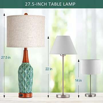 Vintage Table Lamps for Living Room Set of 2, Retro Bedside Lamp for Bedroom with USB Port, MCM Teal Ceramic 3-Way Dimmable Nightstand Lamp with Oatmeal Linen Shade (Bulb Included)