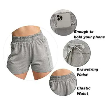 Sports Shorts for Women Running Athletic Shorts Drawstring Short with Pockets Grey S