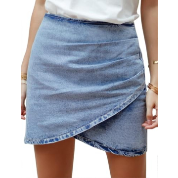 Vetinee Women's Modern Blue Tulip Hem Shirred Stretchy Back Zip Casual Bodycon Short Jean Denim Skir...