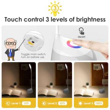 XANSO Small Desk RGB Lamp - 3 Levels Touch Control Portable Reading Light - Cordless Flexible Gooseneck Table Lamp for Room Bedside and Office