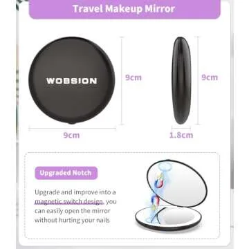 wobsion Travel Compact Mirror,Portable 1x/10x LED Makeup Mirror with Magnification,Handheld 2-Sided Pocket Mirror, 3.5in Small Mirror for Purse,Handbag,Gift,Black