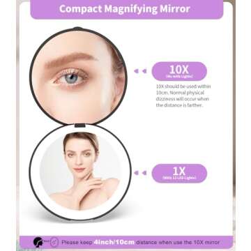 wobsion Travel Compact Mirror,Portable 1x/10x LED Makeup Mirror with Magnification,Handheld 2-Sided Pocket Mirror, 3.5in Small Mirror for Purse,Handbag,Gift,Black