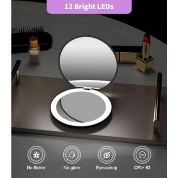 wobsion Travel Compact Mirror,Portable 1x/10x LED Makeup Mirror with Magnification,Handheld 2-Sided Pocket Mirror, 3.5in Small Mirror for Purse,Handbag,Gift,Black