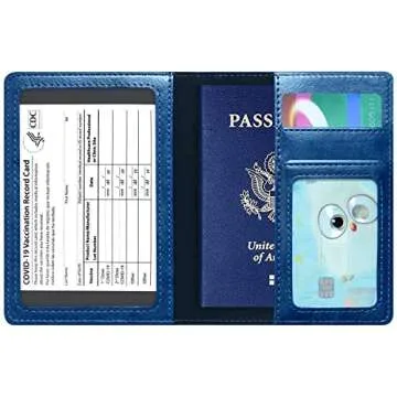 Passport Holder Cover Wallet Case RFID Blocking Leather Card Slot Travel Accessories Documents Organizer Protector for Women Men, Navy Blue