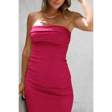 PRETTYGARDEN Women's Summer Bodycon Maxi Tube Dress Ribbed Strapless Side Slit Long Going Out Casual Elegant Party Dresses (Rose Red,Large)