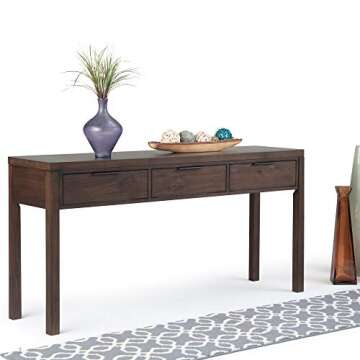 SIMPLIHOME Hollander SOLID WOOD 60 inch Wide Wide Console Sofa Entryway Table in Warm Walnut Brown with Storage, 3 Drawers , for the Living Room, Entryway and Bedroom