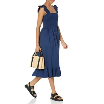 The Drop Women's Kimi Ruffled Shoulder Smocked Midi Dress, Navy, S