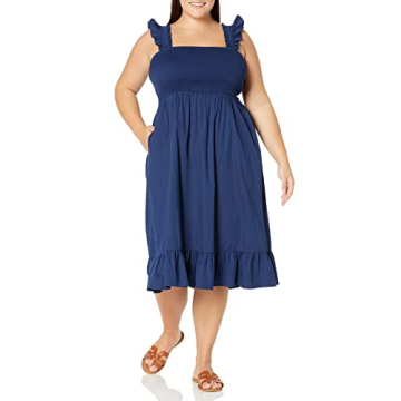 The Drop Women's Kimi Ruffled Shoulder Smocked Midi Dress, Navy, S