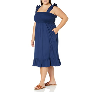 The Drop Women's Kimi Ruffled Shoulder Smocked Midi Dress, Navy, S