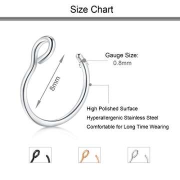 D.Bella 20G Fake Piercing Jewelry Hoop for Faux Lip Septum Nose Ring Set,8mm