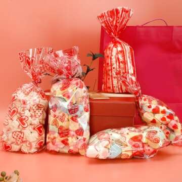 BOEIAC Valentine Treat Bags, 100 Pcs Valentines Cellophane Treat Bags, Valentines Candy Bags, Valent...