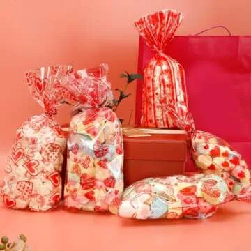 BOEIAC Valentine Treat Bags, 100 Pcs Valentines Cellophane Treat Bags, Valentines Candy Bags, Valent...