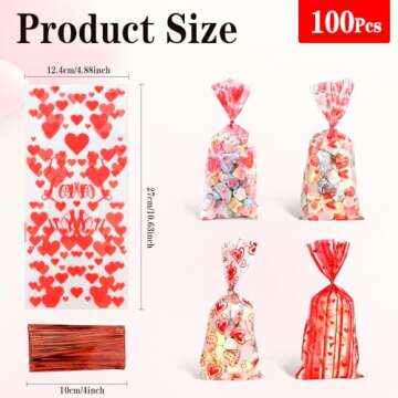 BOEIAC Valentine Treat Bags, 100 Pcs Valentines Cellophane Treat Bags, Valentines Candy Bags, Valentines Cookie Gift Bags with 100 Pcs Twist Ties for Valentines Wedding Party Favor Supplies, 5 Styles