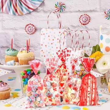 BOEIAC Valentine Treat Bags, 100 Pcs Valentines Cellophane Treat Bags, Valentines Candy Bags, Valentines Cookie Gift Bags with 100 Pcs Twist Ties for Valentines Wedding Party Favor Supplies, 5 Styles