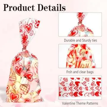 BOEIAC Valentine Treat Bags, 100 Pcs Valentines Cellophane Treat Bags, Valentines Candy Bags, Valentines Cookie Gift Bags with 100 Pcs Twist Ties for Valentines Wedding Party Favor Supplies, 5 Styles