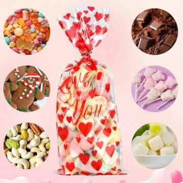 BOEIAC Valentine Treat Bags, 100 Pcs Valentines Cellophane Treat Bags, Valentines Candy Bags, Valentines Cookie Gift Bags with 100 Pcs Twist Ties for Valentines Wedding Party Favor Supplies, 5 Styles