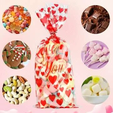 BOEIAC Valentine Treat Bags, 100 Pcs Valentines Cellophane Treat Bags, Valentines Candy Bags, Valentines Cookie Gift Bags with 100 Pcs Twist Ties for Valentines Wedding Party Favor Supplies, 5 Styles