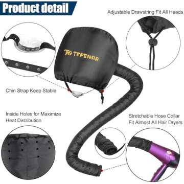 TEPENAR Bonnet Hair Dryer Attachment, Large - Black, Upgraded Soft Adjustable for Hand Held Hair Dryer, Fast Drying, Ideal for Natural Curly Textured Hair Care and Speeds Up Drying Time at Home
